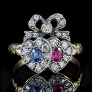 Vintage Sapphire Ruby Diamond Double Heart Ring 18Ct Gold