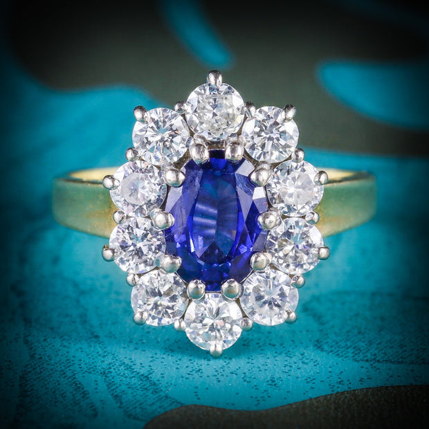 Vintage Sapphire Diamond Cluster Ring 1.80ct Sapphire Dated 1979