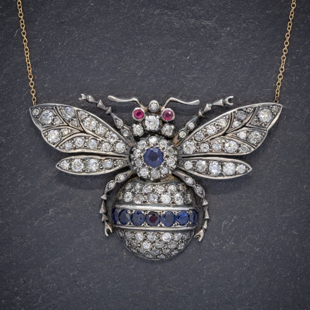 Victorian Style Sapphire Diamond Ruby Bee Pendant Necklace Silver 18Ct Gold