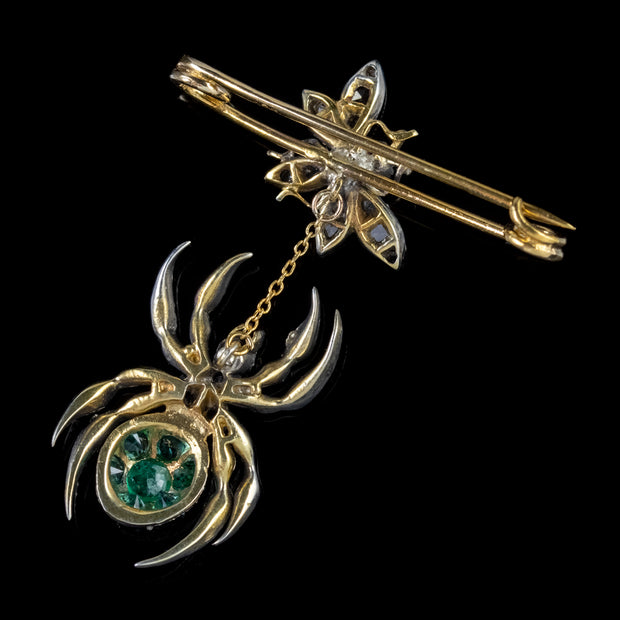 Spider Fly Brooch Emerald Diamond Ruby 18Ct Gold Silver