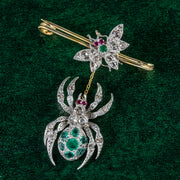 Spider Fly Brooch Emerald Diamond Ruby 18Ct Gold Silver