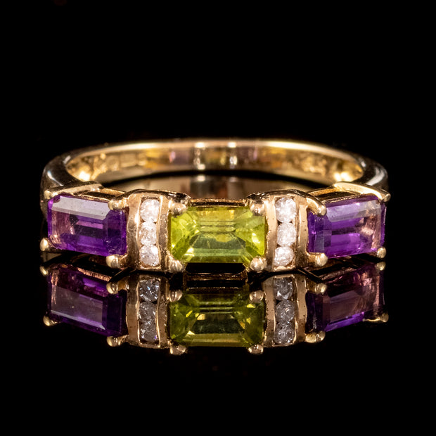 Art Deco Style Suffragette Amethyst Peridot Diamond Ring 9ct Gold