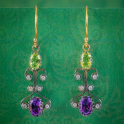 Suffragette Drop Earrings Amethyst Peridot Diamond Silver 18ct Gold