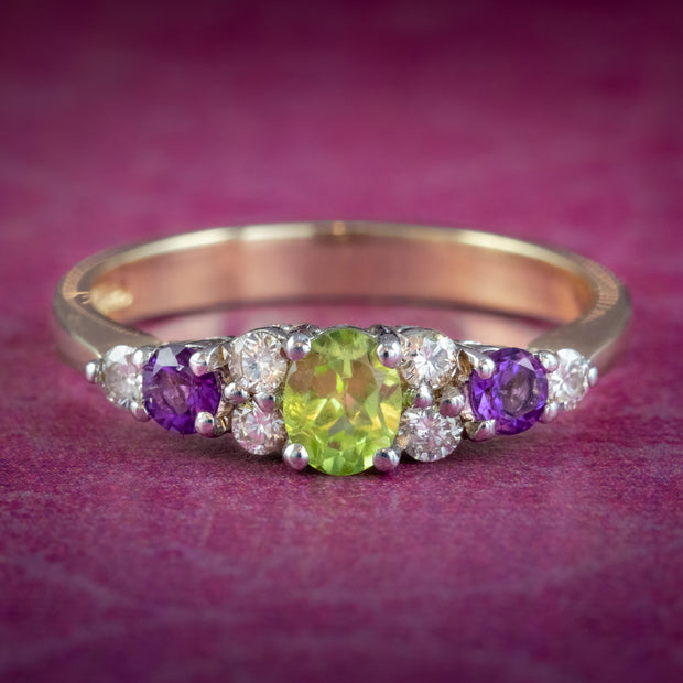 Suffragette Ring Amethyst Peridot Diamond 9ct Gold
