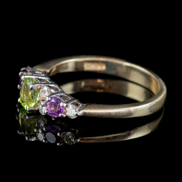 Edwardian Suffragette Style Ring Peridot Amethyst Diamond 9ct Gold