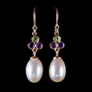 Vintage Suffragette Amethyst Pearl Earrings 9Ct Rose Gold Dated 1973