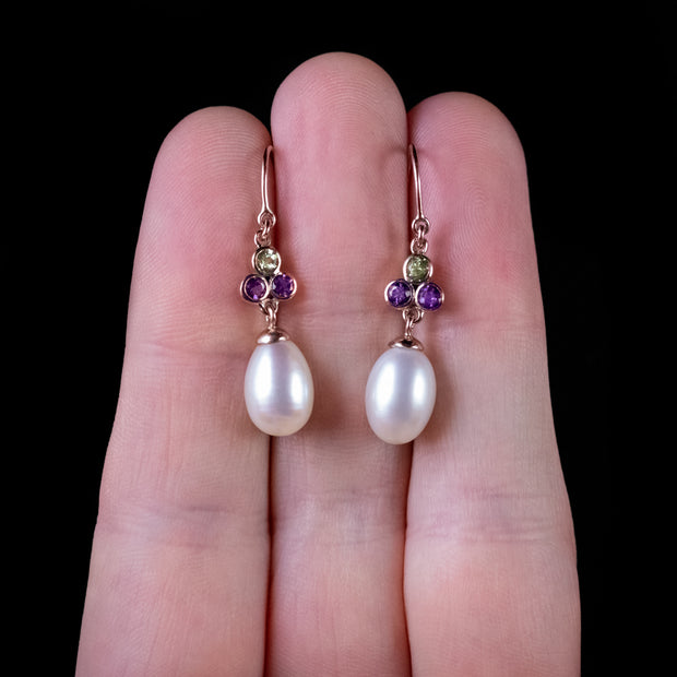 Vintage Suffragette Amethyst Pearl Earrings 9Ct Rose Gold Dated 1973