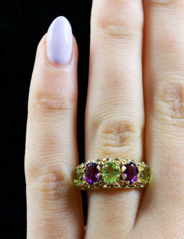 Suffragette Amethyst Peridot Ring 9Ct Gold Ring