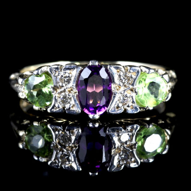Suffragette Ring Amethyst Peridot Diamond 9Ct Gold