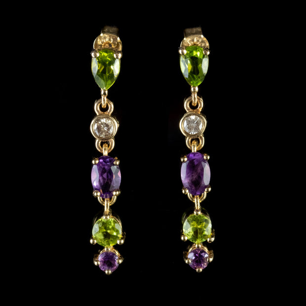 Suffragette Earrings Amethyst Peridot Diamond 9ct Gold