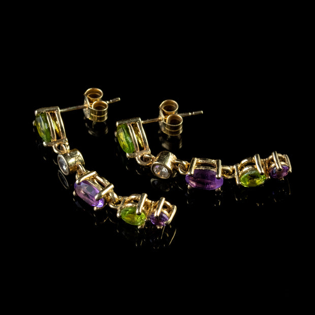 Suffragette Drop Earrings Amethyst Peridot Diamond 9Ct Gold