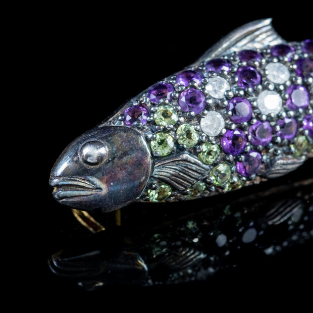 Suffragette Fish Brooch Amethyst Peridot 18Ct Gold On Silver