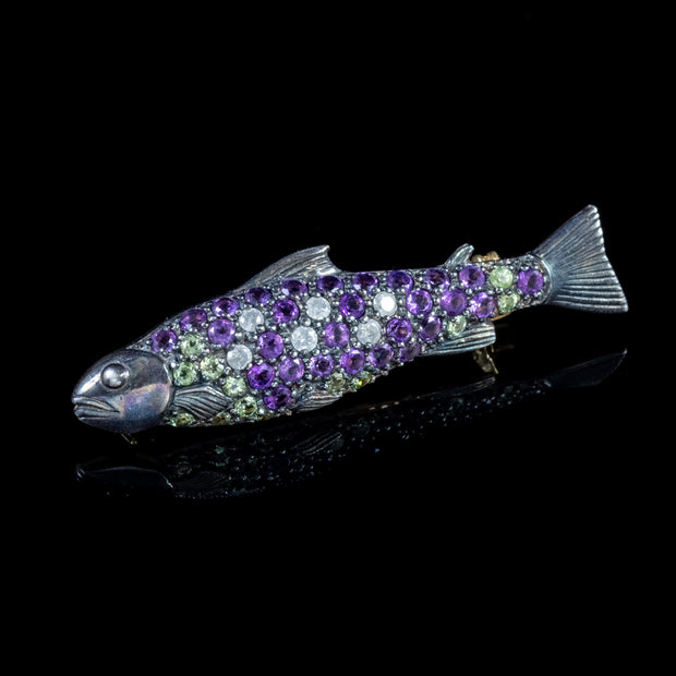Suffragette Fish Brooch Amethyst Peridot 18Ct Gold On Silver