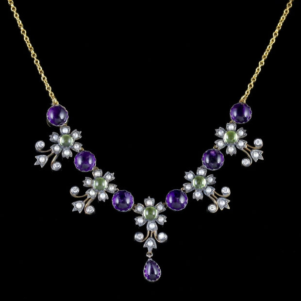 Edwardian Suffragette Style Floral Necklace Amethyst Peridot Diamond Pearl