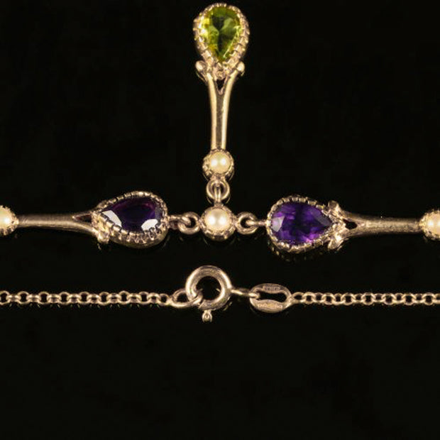 SUFFRAGETTE NECKLACE PERIDOT AMETHYST PEARL 9CT YELLOW GOLD