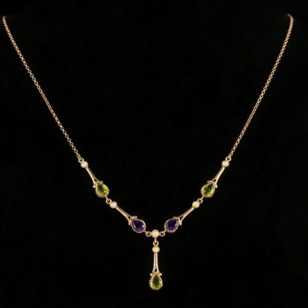 Edwardian Suffragette Style Lavaliere Necklace Peridot Amethyst Pearl 9ct Gold