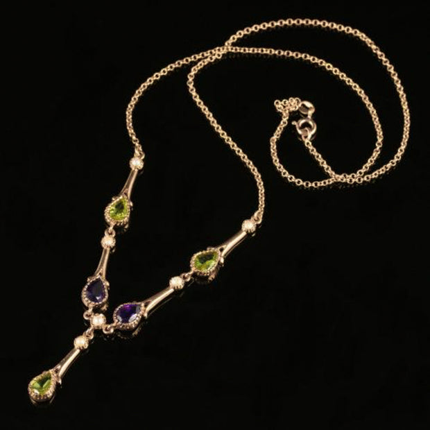 Edwardian Suffragette Style Lavaliere Necklace Peridot Amethyst Pearl 9ct Gold