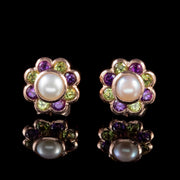 Edwardian Suffragette Style Pearl Peridot Amethyst Earrings 9Ct Rose Gold