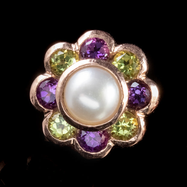Edwardian Suffragette Style Pearl Peridot Amethyst Earrings 9Ct Rose Gold