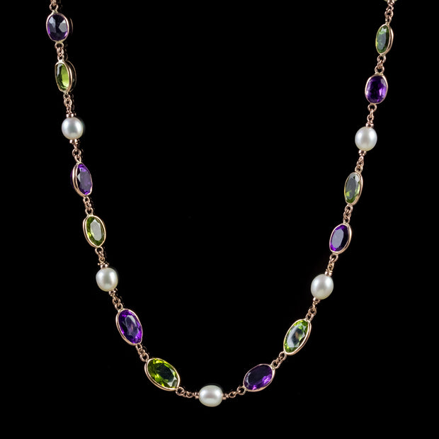Suffragette Peridot Amethyst Pearl Necklace 9Ct Rose Gold