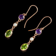 Suffragette Triple Drop Earrings 0.30Ct Amethyst 0.75Ct Peridot 9Ct Rose Gold