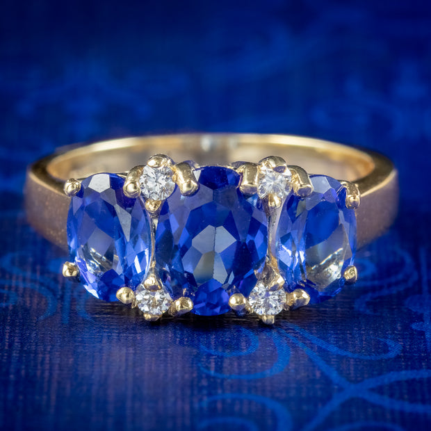 Victorian Style Sapphire Diamond Trilogy Ring 9Ct Gold Ring