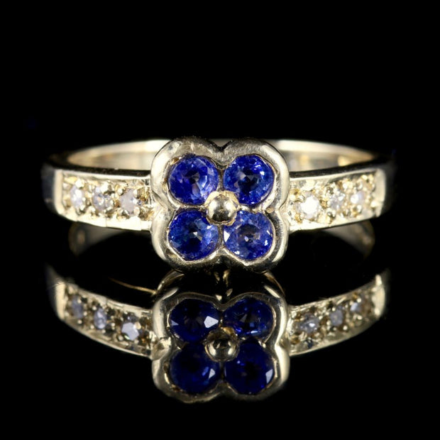 Sapphire Diamond Flower Cluster Ring 9Ct Gold Ring