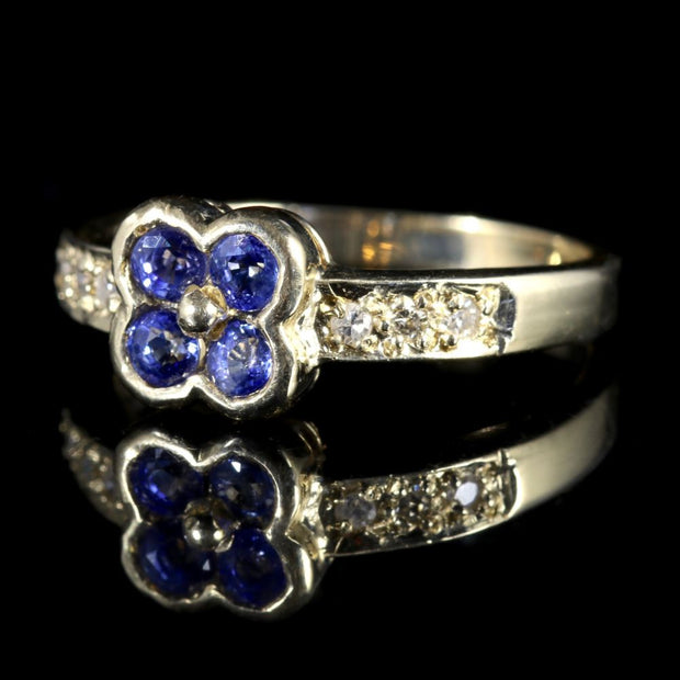 Sapphire Diamond Flower Cluster Ring 9Ct Gold Ring