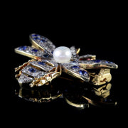 Sapphire Diamond Insect Brooch 18Ct Gold Silver Pearl