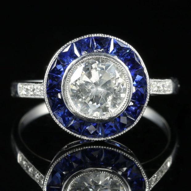 Art Deco Style Sapphire Diamond Ring 1.50Ct Old Cut Diamond French Cut Sapphires Engagement Ring