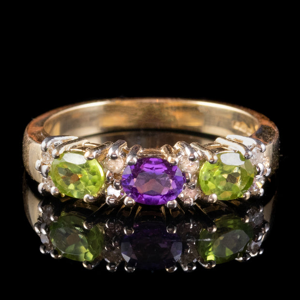 Suffragette Ring Peridot Amethyst Diamond 9ct Gold front 2