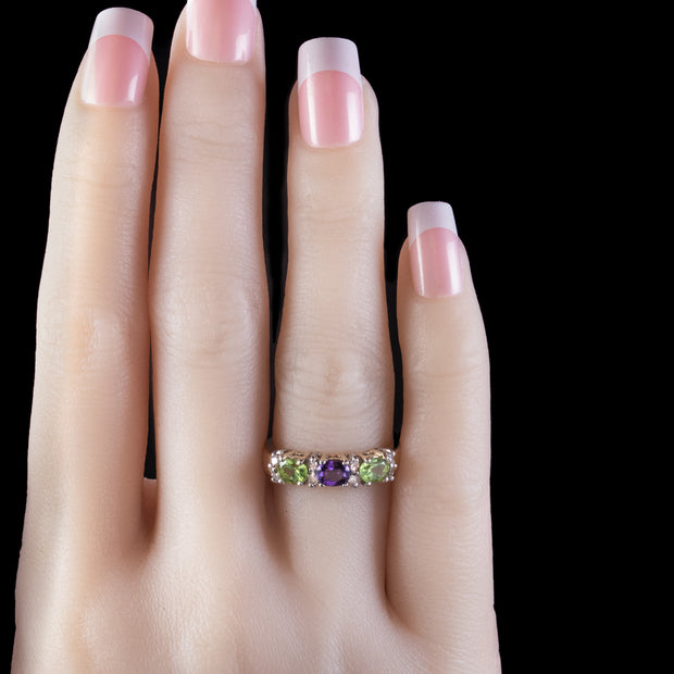Suffragette Ring Peridot Amethyst Diamond 9ct Gold hand