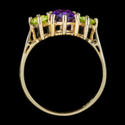 Suffragette Style Amethyst Peridot Trilogy Ring 9ct Gold