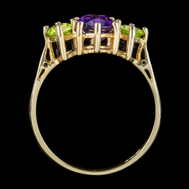 Suffragette Style Amethyst Peridot Trilogy Ring 9ct Gold