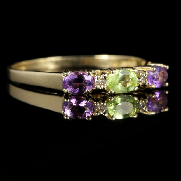 Suffragette Amethyst Peridot Diamond Ring 9Ct Gold