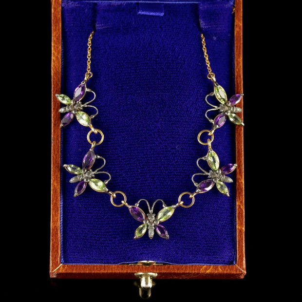 Suffragette Butterfly Necklace Gold Amethyst Peridot