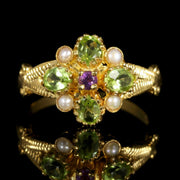 Suffragette Cluster Gold Ring Amethyst Peridot Pearl 18Ct Gold Silver
