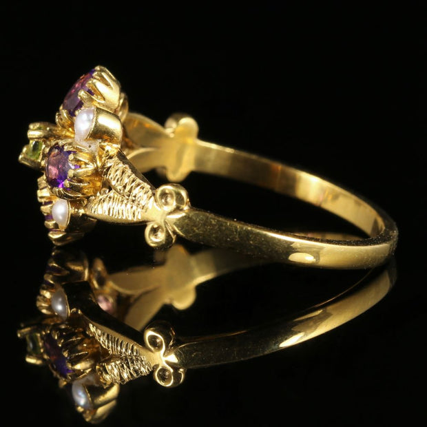 Suffragette Cluster Ring Peridot Amethyst Pearl 18Ct Gold Silver