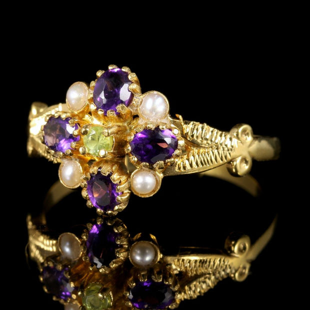 Suffragette Cluster Ring Peridot Amethyst Pearl 18Ct Gold Silver