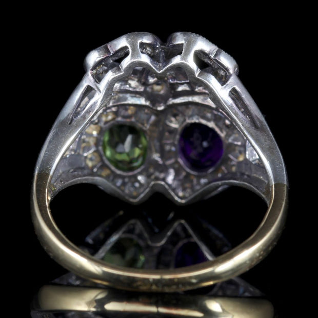 Suffragette Double Heart Ring 15Ct Gold Silver Amethyst Peridot Diamond