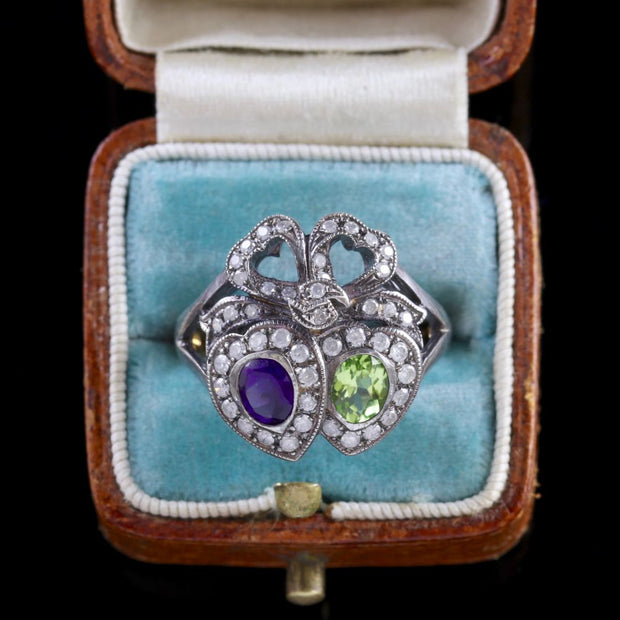 Suffragette Double Heart Ring 15Ct Gold Silver Amethyst Peridot Diamond