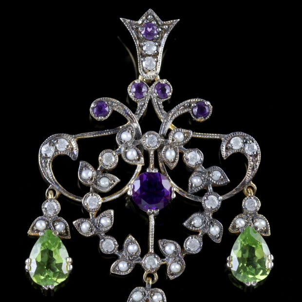 Suffragette Dropper Pendant 18Ct Gold Amethyst Peridot Diamond Pearl