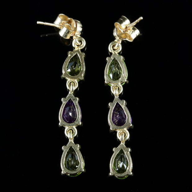 Suffragette Earrings 9Ct Gold Pearl Peridot Amethyst