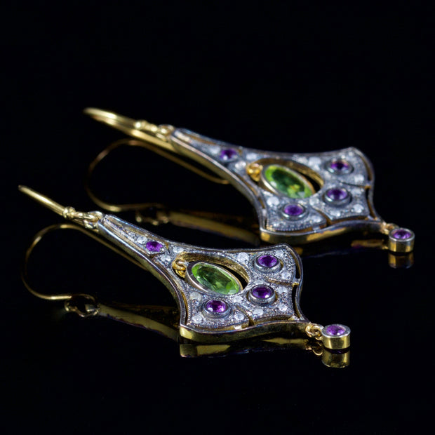 Suffragette Earrings Amethyst Peridot Diamond 9Ct Silver