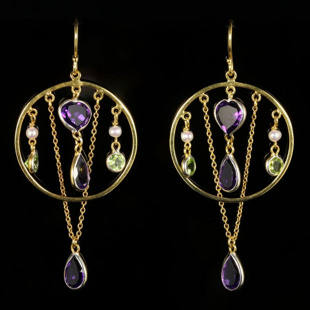 Suffragette Earrings Amethyst Peridot Pearl 18Ct Gold On Silver