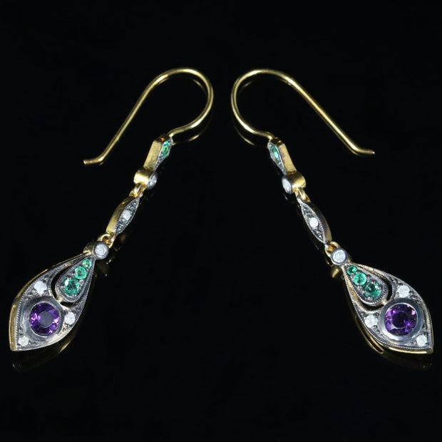Suffragette Earrings Emerald Amethyst Diamond