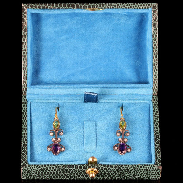 Suffragette Earrings Long Boxed Peridot Amethyst Diamond
