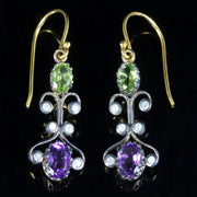 Suffragette Earrings Long Boxed Peridot Amethyst Diamond