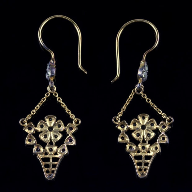 Suffragette Flower Drop Earrings 18Ct Gold Amethyst Peridot Diamond