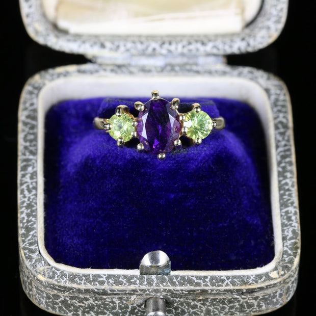 SUFFRAGETTE GOLD TRILOGY RING PERIDOT AMETHYST 9CT GOLD